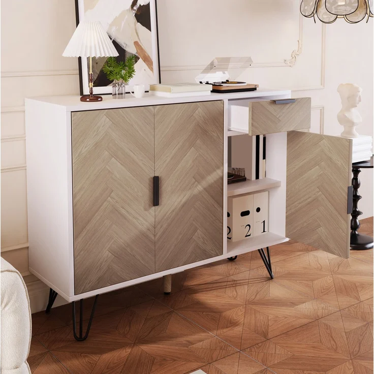 DESVIAE Sideboard Aufbewahrungsschrank mit Schublade, 90x71,5x30 cm, MDF und Spanplatte, Weiß und Holzfarbe – Bild 4