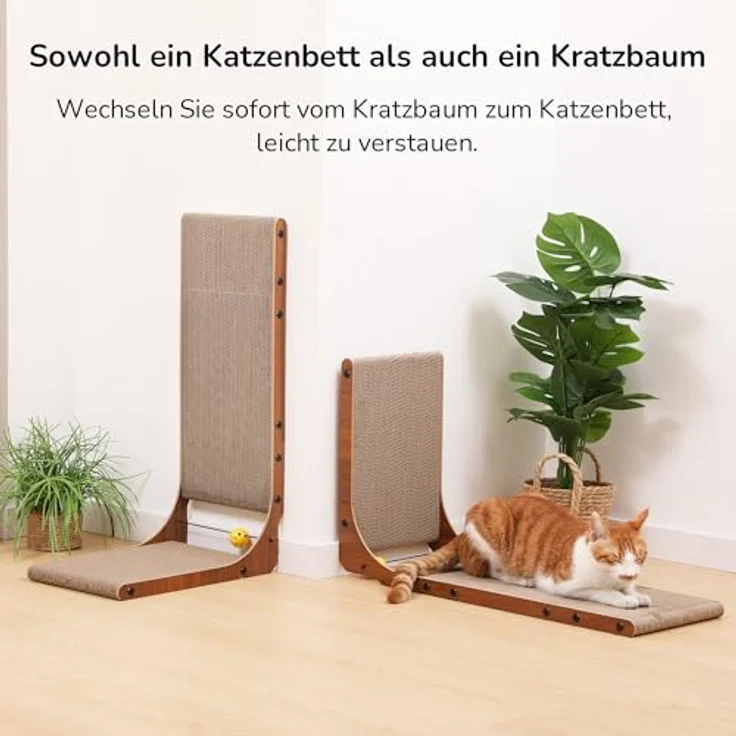 FUKUMARU Kratzbrett Katzen 2er Set, 68 cm hoch L-förmige Kratzpappe aus vertikalem Karton, widerstandsfähig Katzenkratzbrett mit Ballspielzeug, Farbe Nussbaum – Bild 6