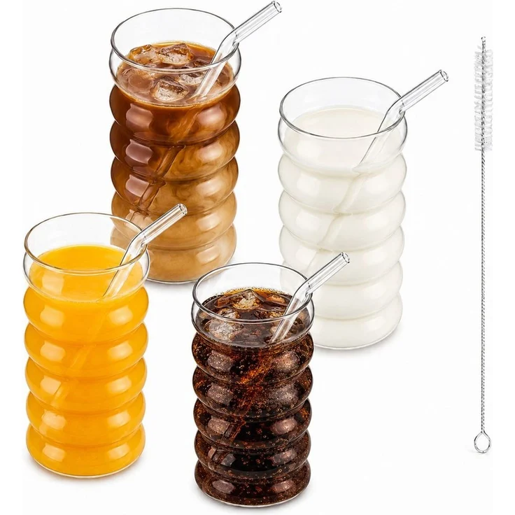 BlingBin Latte-Macchiato-Tasse Gerippte Trinkgläser Getränkegläser, Espressotassen Gläser Set, 4-tlg, Glas, Kaffeetassen Mit 4 Straws Für Cappuccino, Latte, Kaffee, Milch, 500ML – Bild 1