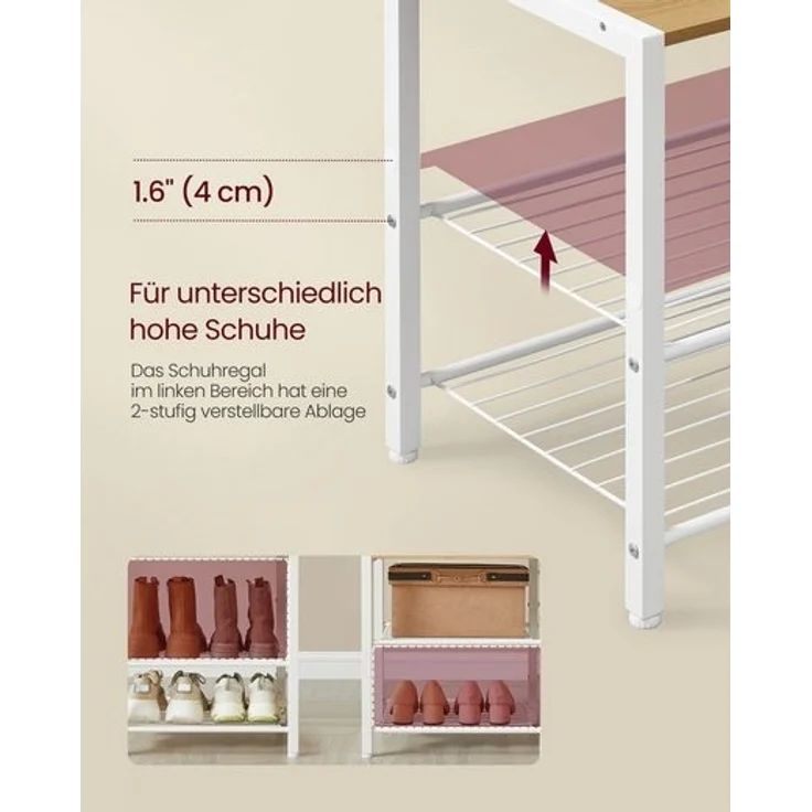 VASAGLE Garderobenständer mit Schuhbank, Garderobe, 5 Regalebenen aus Spanplatten, 9 Dreifach-Haken, 6 seitliche Haken, 40 x 120 x 190 cm, goldeichenfarben-wolkenweiß HSRDE426Y01 – Bild 3