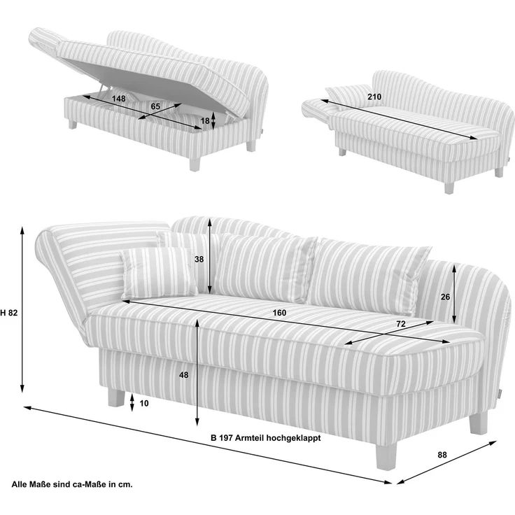 Max Winzer Recamiere mit Armteil links klappbar 'Selma', Flachgewebe hellgrau gestreift, 82 cm x 88 cm x 190 cm – Bild 10