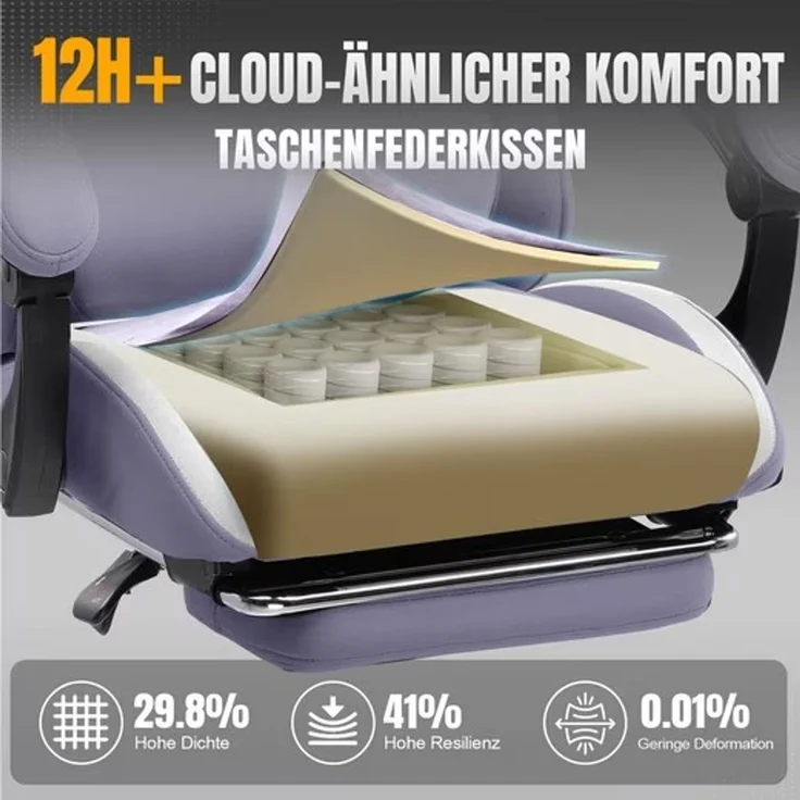 GTPLAYER Gaming-Stuhl Stoff, Racing Gamer Stuhl, Ergonomischer Gaming Sessel Gaming Chair, Schreibtischstuhl, Federsitzkissen mit Fußstütze, Lila – Bild 6