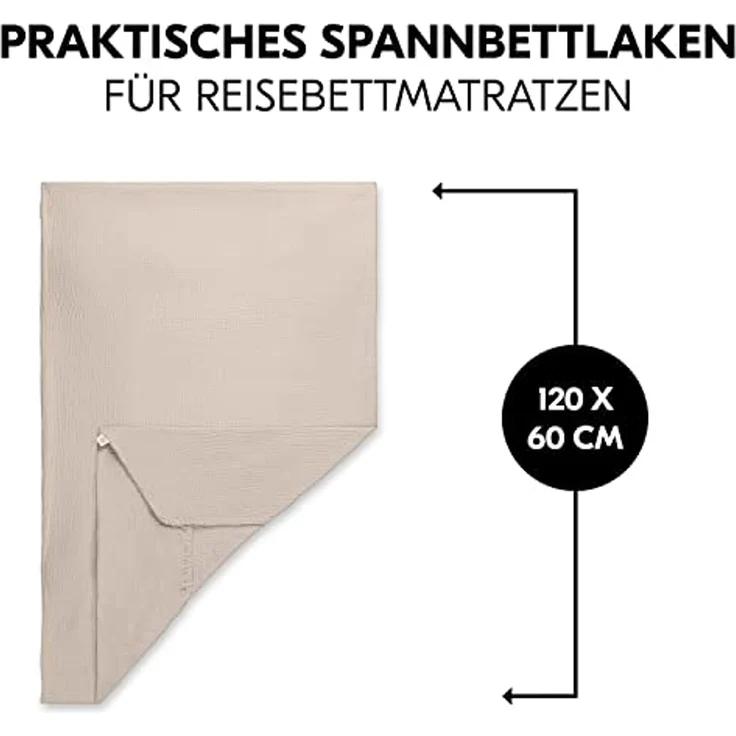 Hauck Baby Spannbettlaken 60x120 cm für Reisebettmatratzen, Baby Matratzenbezug Baumwolle Musselin, 60° C Maschinenwäsche, Babybettlaken mit Gummizug (Beige) – Bild 3