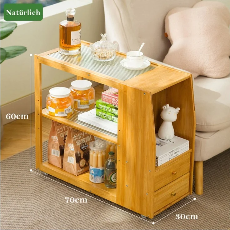 TUWENA Beistelltisch Beistelltisch mit Rollen, Couchtisch Schublade, Nachttisch Stubentisch, Bambus Sofatisch für Wohnzimmer, Schlafzimmer, Balkon, 70x30x60 cm – Bild 2