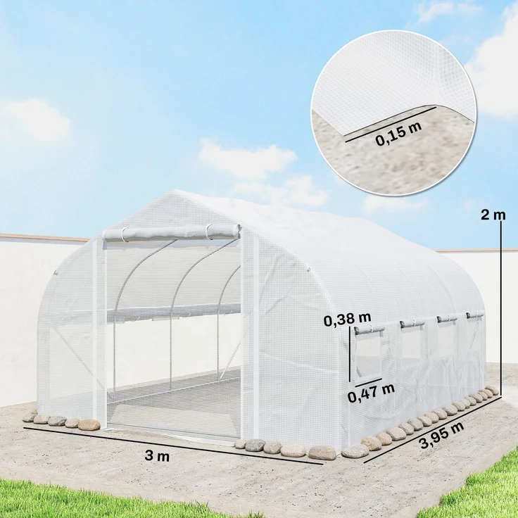 MELAYR, 12 m² Tunnelgewächshaus, Mit Tür und 8 Fenstern, PE-Folie (140 g/m²), 400 x 200 x 200 cm, weiß – Bild 5