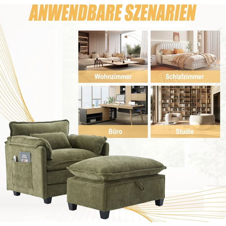 LVHOM Einzelsofa mit Ottomane, Chenille Chaiselongue Sessel mit Seitentasche, Relaxsessel Fernsehsessel Ohrensessel mit Hocker, Olive – Bild 7