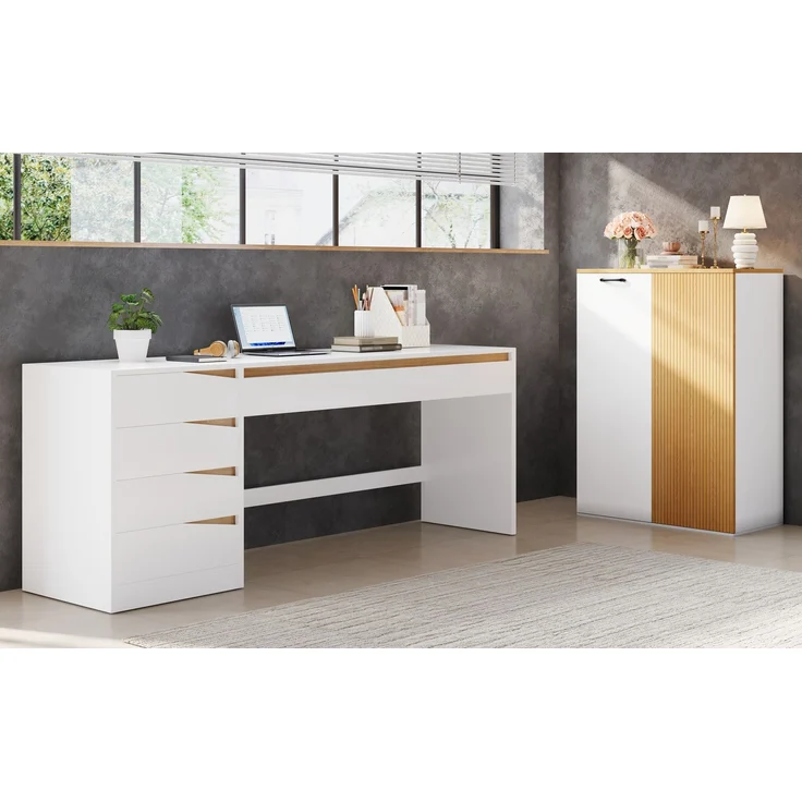 ZUBALIYA Modernes Büromöbel-Set & Schreibtisch-Set mit Aktenschrank – 140cm Computertisch mit Klappfach, Unterschränken & Rillendesign, Holzoptik & Weiß, Großer Arbeitsplatz für Home Office & Büro – Bild 25