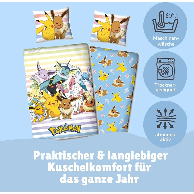 Pokemon Bettwäsche für Kinder 135x200 80x80 cm buntes Motiv mit Pikachu & Friends aus 100% Baumwolle – Bild 6