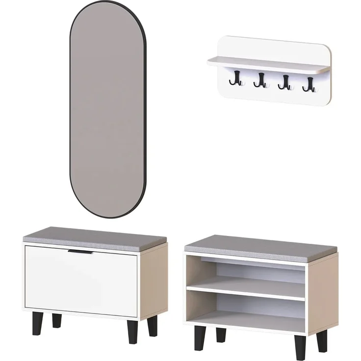 Roomart NORD Garderobenset 4-teilig – Sitzbank offen & mit Schuhklappe, Wandgarderobe & ovaler Spiegel – Flurgarderobe – H 53 x B 73.6 x T 35 cm (Sitzbank) • Weiß – Bild 7