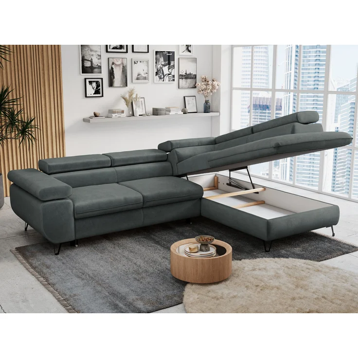 Mks Möbel 'Peter L-form' Ecksofa mit Bettfunktion, Bettkasten & einstellbaren Kopfstützen, Dunkelgrau, Mikrofaser, rechts – Bild 3