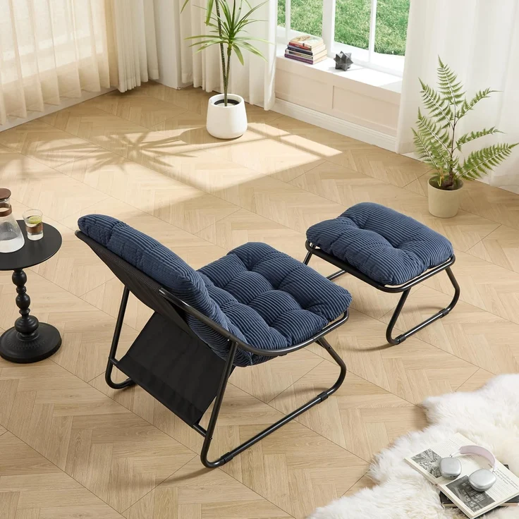 LVHOM Sessel mit Hocker, Gepolsterter Loungesessel aus Cord mit Metallgestell, ergonomischer Relaxsessel für Wohnzimmer und Schlafzimmer, Dunkelblau – Bild 6