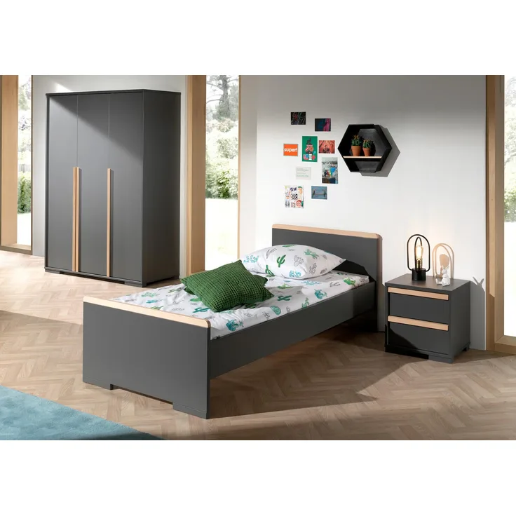 London Set 3-tlg Einzelbett Nachtkonsole Kleiderschrank Buche Anthrazit
