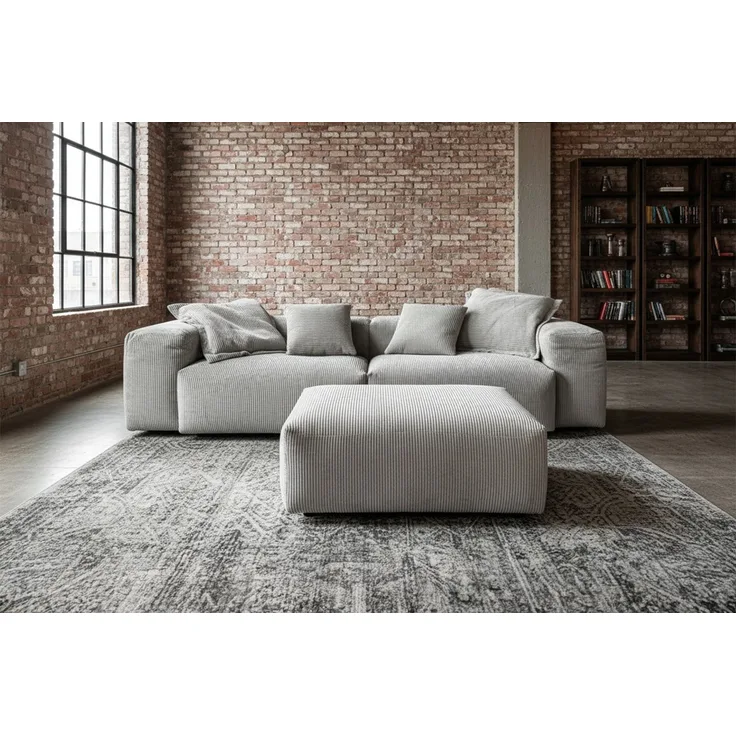 KAWOLA Sofa CELESTE 4-Sitzer mit Hocker Cord hellgrau 72 x 114 x 302 cm