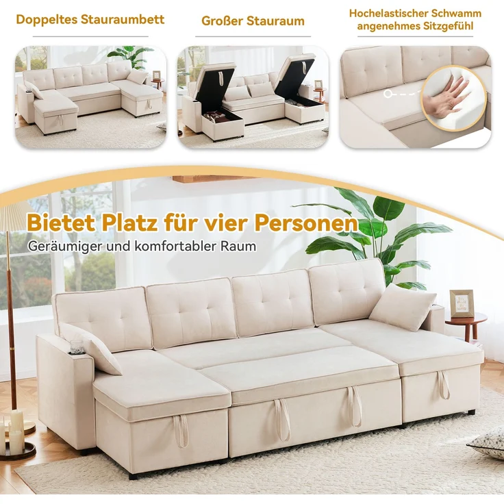 U-förmiges Schlafsofa Baumwoll-Leinen Beige, 270x130x86 cm, mit Stauraum & Getränkehalter – Bild 8