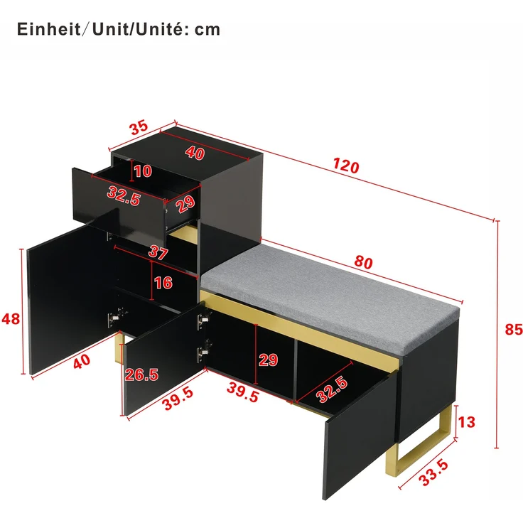 Schuhschrank mit Sitzbank, Schublade und offenem Fach, zweifarbiges Design, praktischer Stauraum,Schwarz – Bild 10