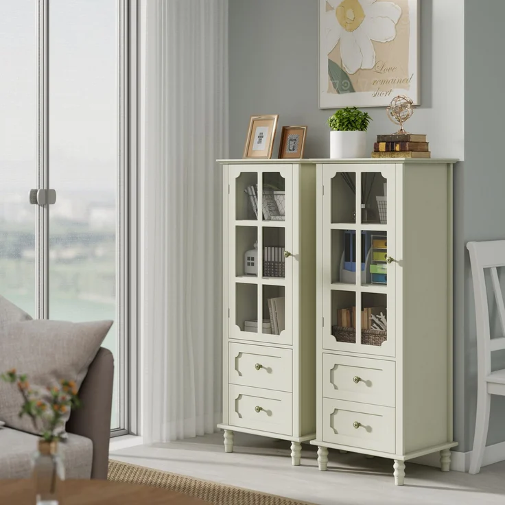 Minimalistisches Buffet mit Glastüren und Doppelschublade, modernes Sideboard aus Holz für Wohnzimmer, Esszimmer, Flur oder Eingangsbereich (weiß) – Cremeweiß – 50 x 40 x 130 cm – YOUDENOVA – Bild 4