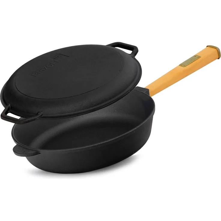 Ø24cm 62mm hoch Gusseisenpfanne Gußeisenpfanne mit Holzgriff und Deckel-Bratpfanne aus Gusseisen