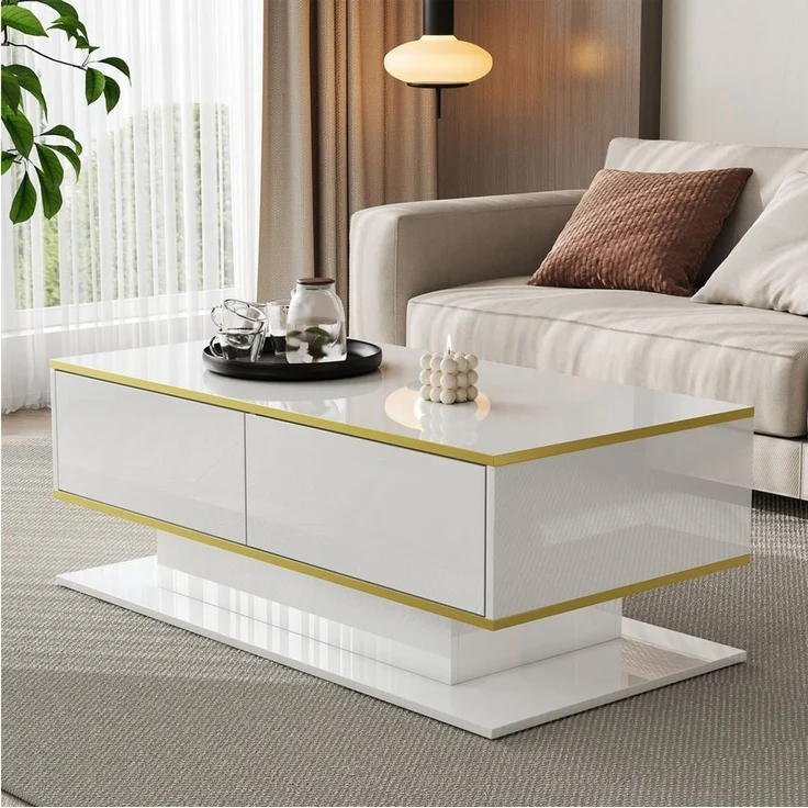 Merax Couchtisch hochglanz Sofatisch Beistelltisch mit LED-Beleuchtung (1-St), Wohnzimmertisch mit 3 Schubladen, Stauraum & Goldakzenten, 100 x 50 x 40 cm – Bild 3