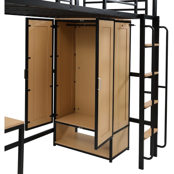 Hochbett mit, Schreibtisch, Regal, Kleiderschrank, Lattenrost, Leiter, Rausfallschutz und Aufbewahrungsbox, 90x200cm, Kinderbett, Metallbett – Bild 9