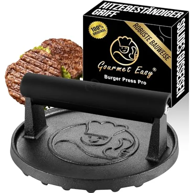 Gourmet Easy Burgerpresse Gusseisen antihaft | Großer Burger Smasher (Ø15cm) mit hitzeabweisendem Griff | Fleischbeschwerer für schmackhafte Hamburger & Smash Burger | Smash burgerpresse | Smasher