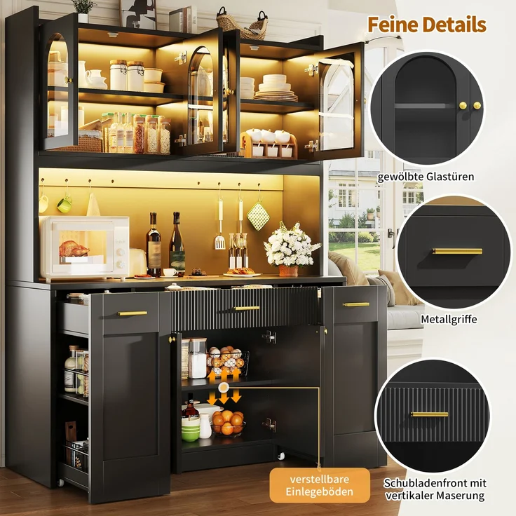 Hochküchenschrank 120cm mit RGB-LED, App-Steuerung, 3 Glasvitrinen, Schubkästen & beidseitigen Roll-Ablagen, Weiß/Schwarz – Bild 9