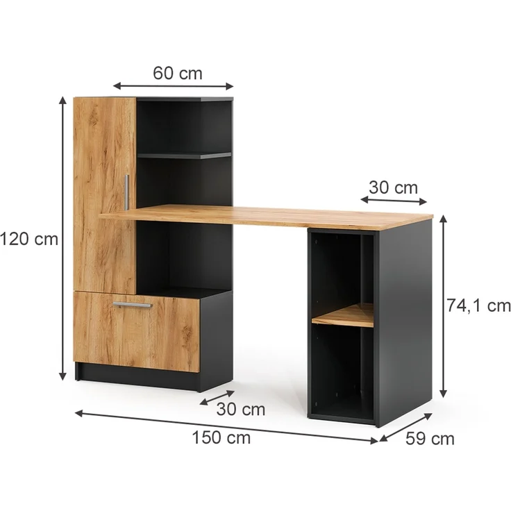 Schreibtisch Tomy Anthrazit/Goldkraft Eiche 150 x 59 cm 2er Set Vicco – Bild 2