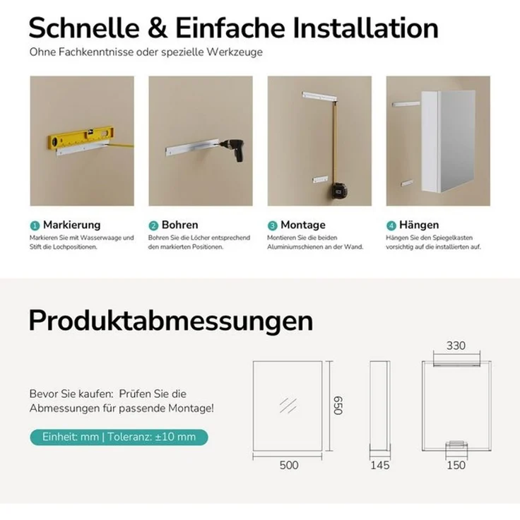 EMKE Spiegelschrank bad 50x65 cm 1-tütig Spiegelschränke Badezimmer Spiegelschrank mit Stauraum Haken verstellbaren Regalen Badspiegelschrank – Bild 4