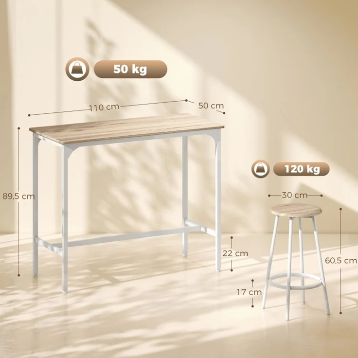 5-teiliges Bartisch-Set für 4 Personen, Industrieller Stehtisch mit Hockern für Küche & Esszimmer, Eiche--Eiche--110x50x89.5cm--YOUDENOVA – Bild 3