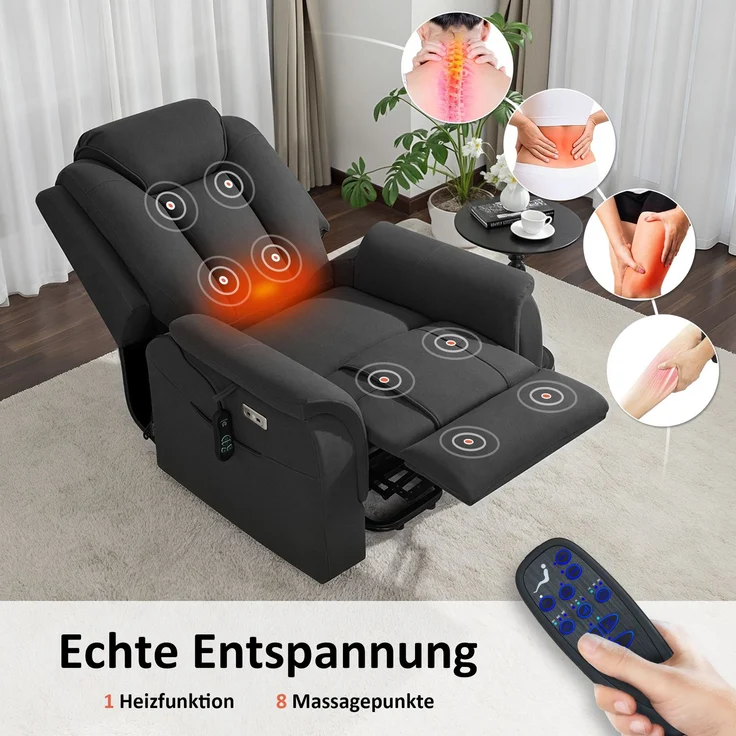 M MCombo Fernsehsessel mit Aufstehhilfe Elektrisch, 2 Rollen für Mobilität, Massage & Heizung, Verstellbare Kopfstütze, Sessel mit Aufstehhilfe 35D Vollschaum-Sitzkissen 7269 (Mikrofaser, Dunkelgrau) – Bild 6