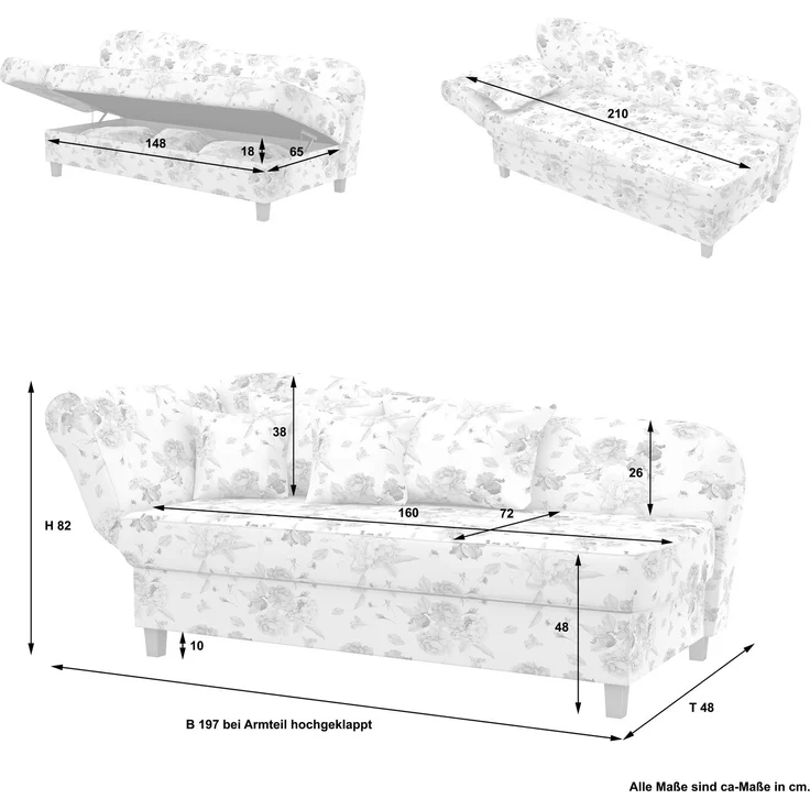 Max Winzer Recamiere mit Armteil links klappbar 'Selma', Flachgewebe beige geblümt, 82 cm x 88 cm x 190 cm – Bild 8