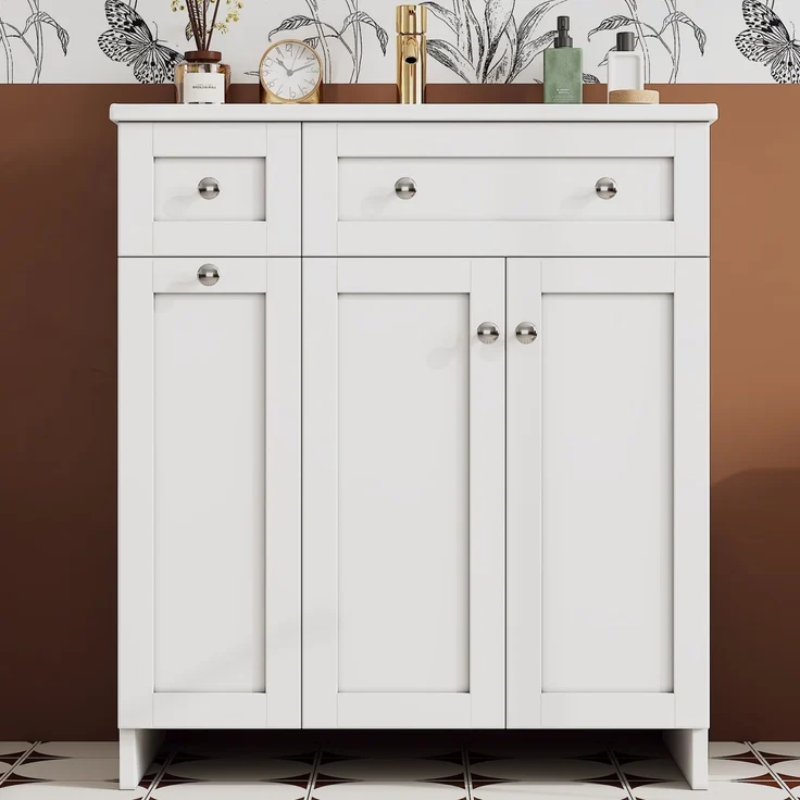 76*47*86cm, freistehender Badezimmerwaschtisch, lackierte Oberfläche, auslaufsicheres Keramikbecken, 3 Schubladen und 1 Schrank, geräuscharme Auszugsschienen, silberne Griffe, weiß. – Bild 3