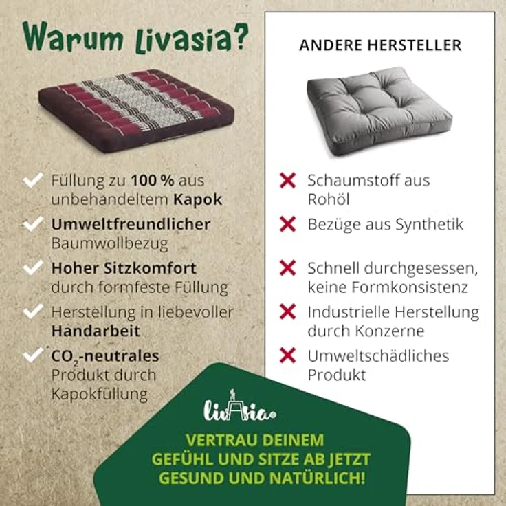 livasia Sitzkissen Sitzkissen 50 cm, vegan und handgefertigt, 50 x 50 x 6 cm, Kapok – Bild 6