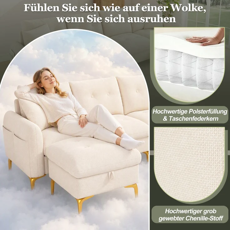 Merax 4-Sitzer U-förmiges modulares Schlafsofa mit 2 Stauraumhockern und 2 Dekokissen, Gesamtmaße 263×137×85 cm, Beige – Bild 8