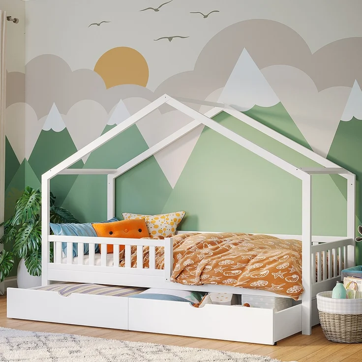 Bellabino 'Vils' Hausbett 90x200 cm mit großer Schublade, weiß, Kiefer Massivholz, Montessori Kinderbett mit Stauraum, inkl. Rausfallschutz und Lattenrost – Bild 1