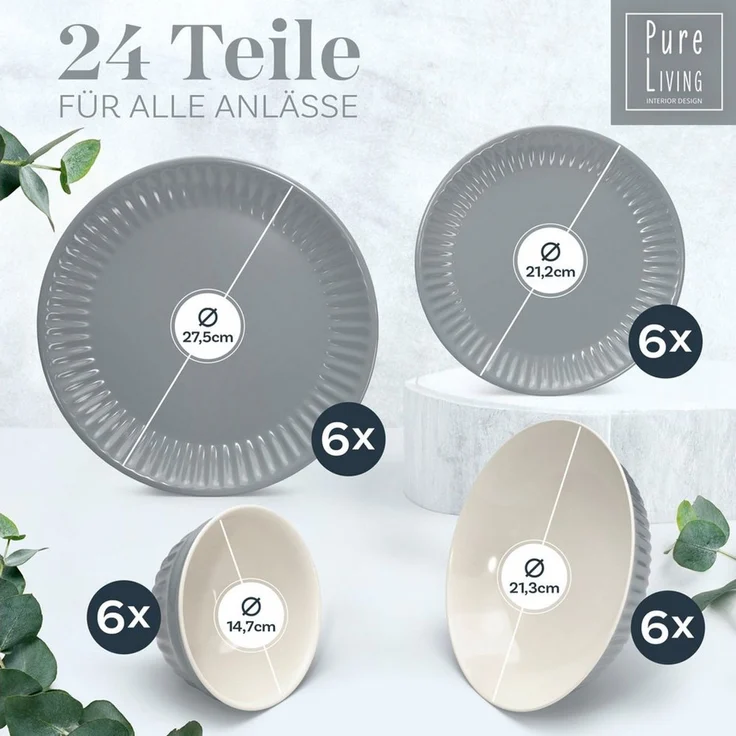 Steingut Geschirrset 6 Personen Hygge 24 tlg. TESTSIEGER, Traumhaftes Skandinavisches Steingut Geschirr Set, Schüssel- und Teller Set, Tafelservice 6 Personen, Geschirrsets Pure Living in Graublau – Bild 2