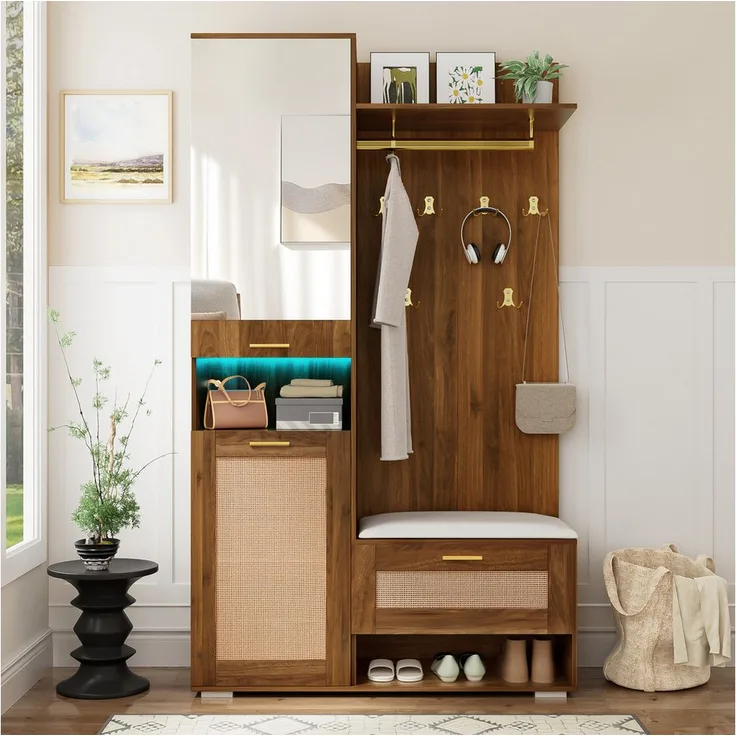 STILVORA Garderoben-Set mit Spiegel & LED, Wandgarderobe mit Haken und Schuhbank in tiefdunkler Walnuss-Holzoptik mit weißem Sitzkissen