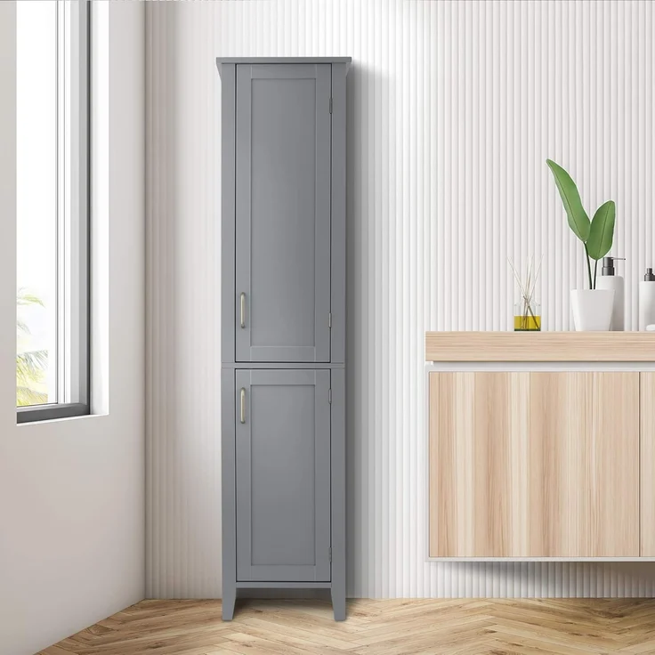 Teamson Home Wooden Badezimmerbades Lagerschrank mit 2 Türen, hoher Badezimmerschrank, graue Badezimmermöbel, verstellbare Lagerung, Mercer -Sammlung – Bild 2