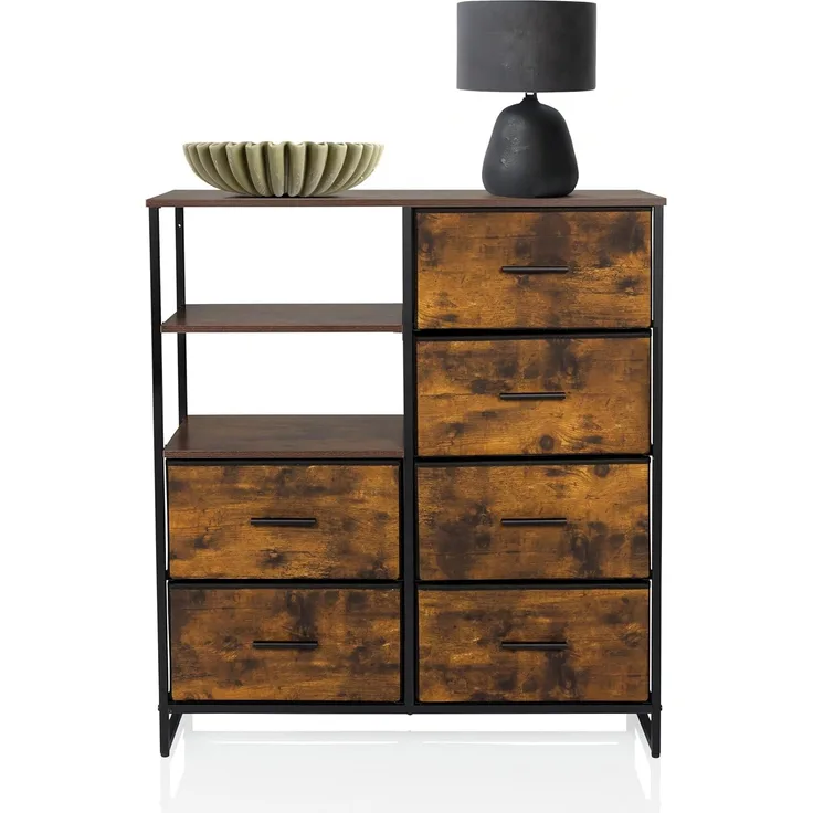 hjh LIVING Kommode mit 6 Schubladen, 2 offene Fächer RAGALA 84 x 30 x 92 cm Regalsystem Sideboard für Wohnzimmer Schlafzimmer Flur, Räuchereiche
