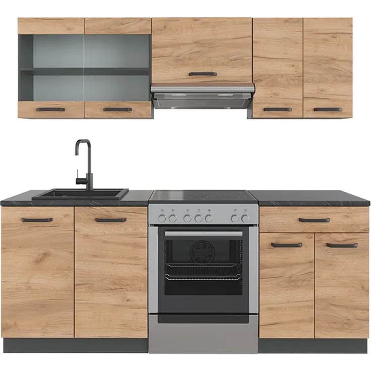 Küchenzeile R-Line Goldkraft Eiche/Anthrazit 200 cm ohne Arbeitsplatte Vicco