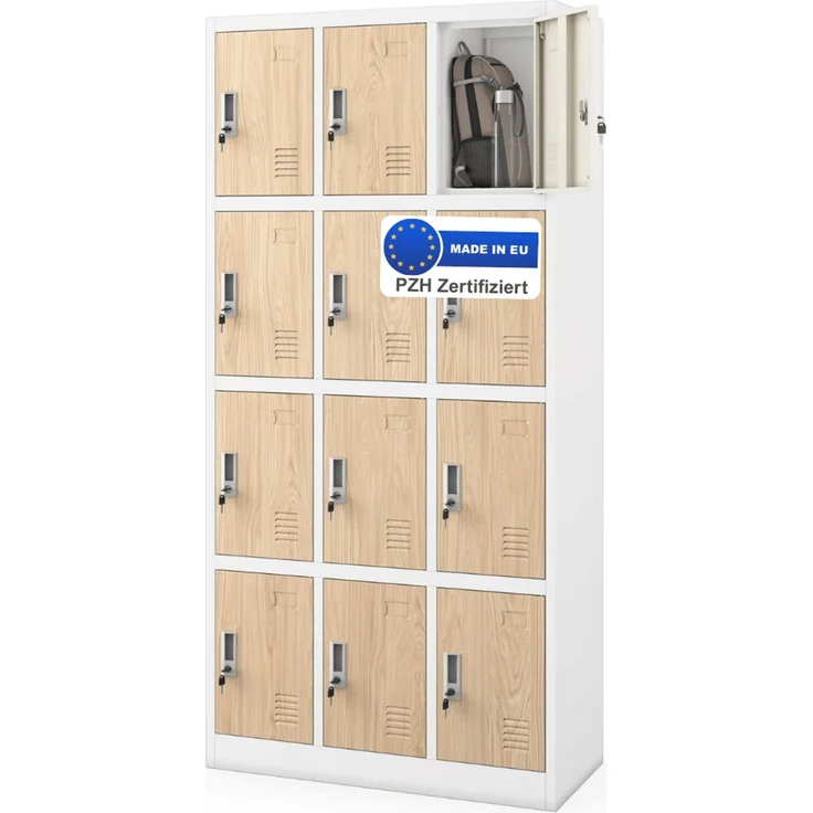 Schließfachschrank Spind BERN - 12 Fächer, Etikettenhalter Lüftungsschlitze | Wertfachschrank Umkleideschrank Metall Kleiderspind, 185x90x40cm Weiß-Sonoma Eiche – Bild 1
