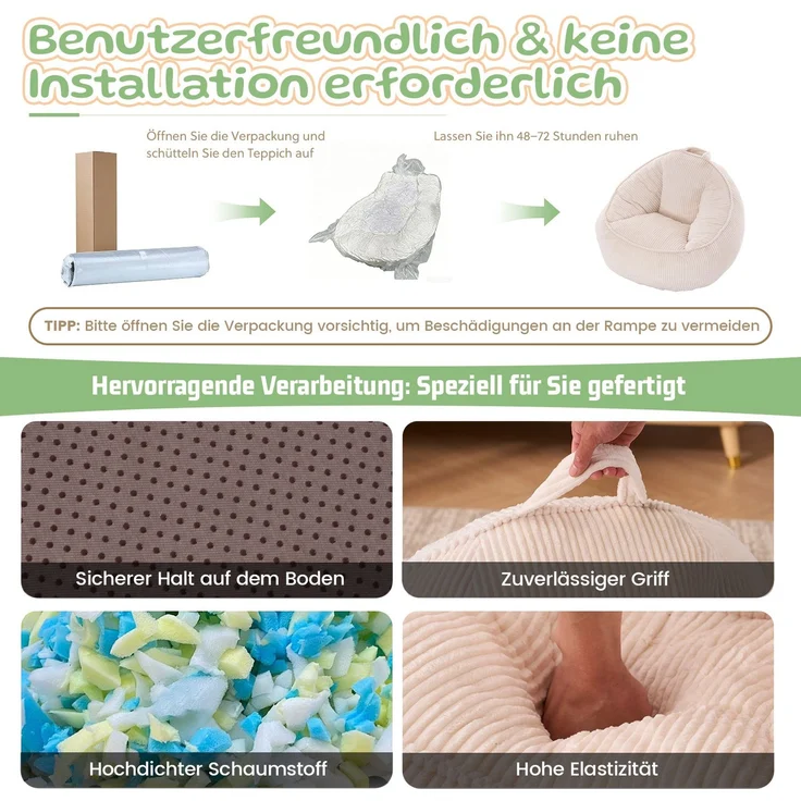 DESVIAE Sitzsack Beige aus Cord – ergonomisch geschwungene Form, 69 x 72 x 51 cm – Bild 6