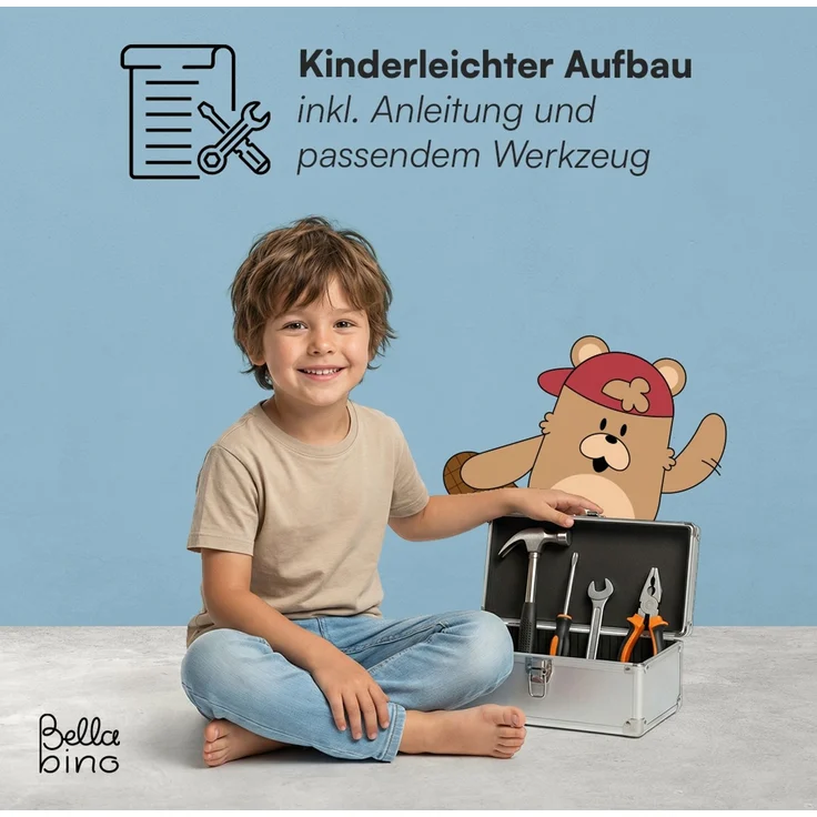Bellabino 'Abia' Hausbett 90x200 cm mit Matratze, weiß, Kiefer Massivholz, Bodenbett in Hausoptik, Montessori Kinderbett mit Rausfallschutz und Lattenrost – Bild 11