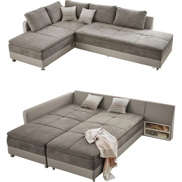 Ecksofa-Dauerschläfer Doppelbett Federkern Bettkasten Couch in Graubraun Beige