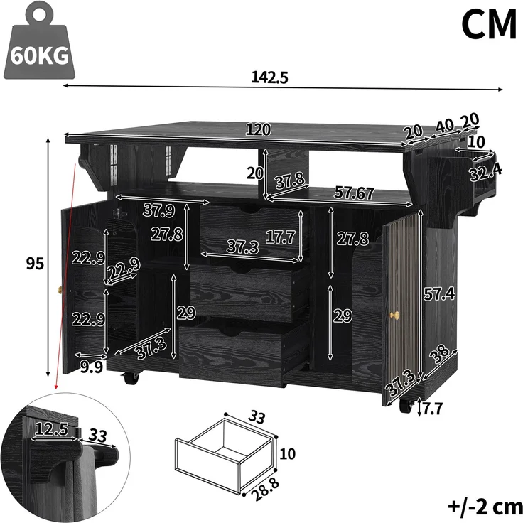 Küchenwagen 142,5 x 40/80 x 95 cm aus MDF und Metall, schwarz, beidseitig erweiterbar – Bild 4
