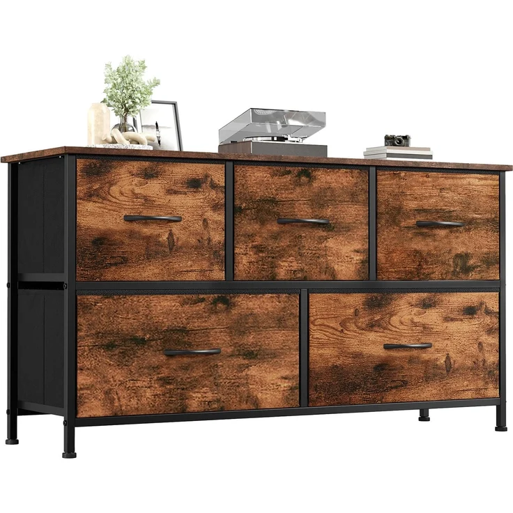 Somdot Kommode mit 5 Stoffschubladen, Schlafzimmer, Braun | Komodenschrank, Stoffkommode, Großer Stauraum, Metrallrahmen, Holzwerkstoffoberplatte,Wohnzimmer, Flur, 30T x 100B x 55H