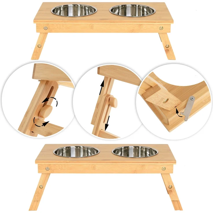 lionto Katzennapfständer aus Bambus, höhenverstellbare Futterstation mit 2 Edelstahlnäpfen, ergonomisch (2×0,7 L) – Bild 4