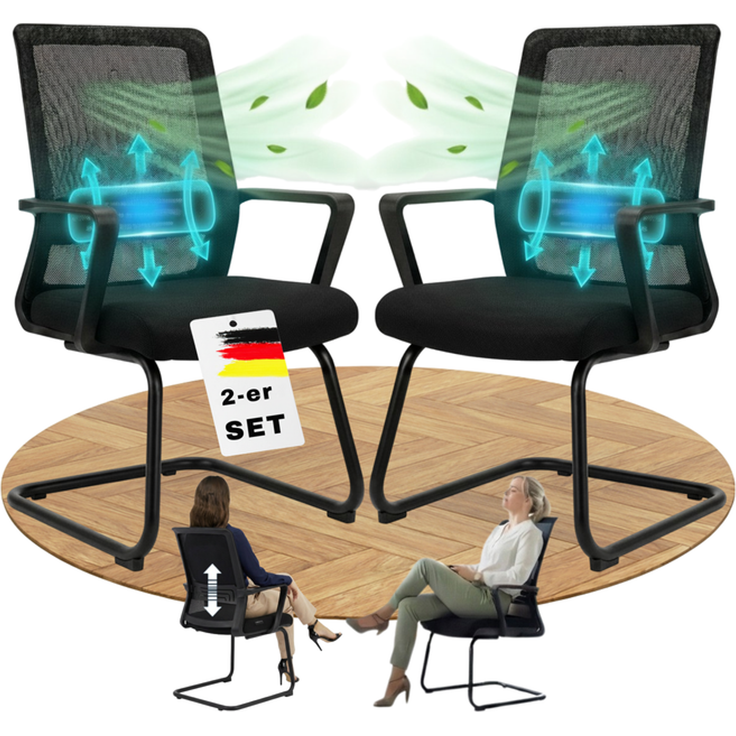 VALKENSTOL K1 - Besucherstuhl Freischwinger Schwarz mit Armlehne - Konferenzstuhl - Bürostuhl ohne Rollen - 2er Pack