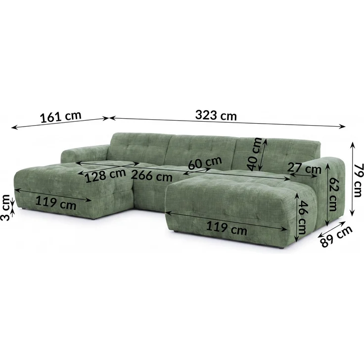 luma-home Wohnlandschaft U-Form 6-Sitzer, raffinierte Steppungen, Chenille-Bezug in Grün, 323 x 161 x 79cm – Bild 8