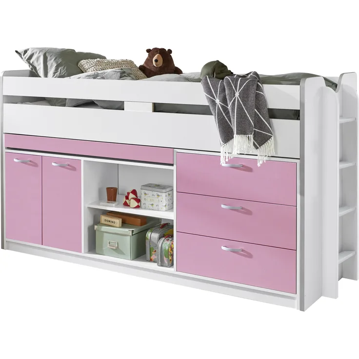 Relita 'Ponny' Stauraum-Hochbett inkl. Rollrost, mit Schreibtisch und 3 Schubladen, 90x200 cm, Pink / Weiß