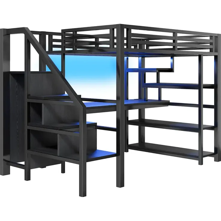 Hochbett mit Schreibtisch, LED-Streifen, Kleiderschrank, Regal, Treppe, Steckdose, USB, Rausfallschutz, 140x200cm, Kinderbett, Metallbett – Bild 7
